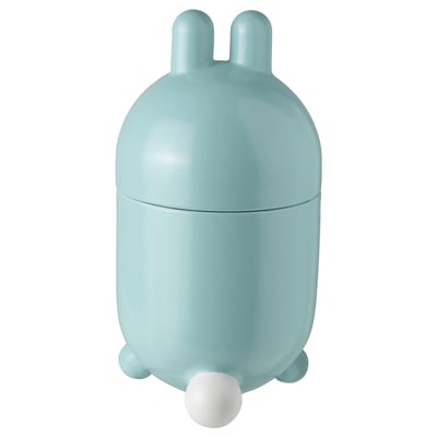 A light blue ceramic TJÄRLEK bunny-shaped bowl with a lid, standing on three legs.