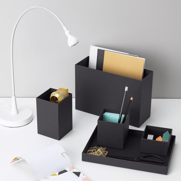 Modern black desk organizer by TJENA, five compartments for pens, scissors, and small items.
