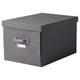 Grey TJOG storage box, rectangular, fabric-like, with metal handle and label holder for organization.