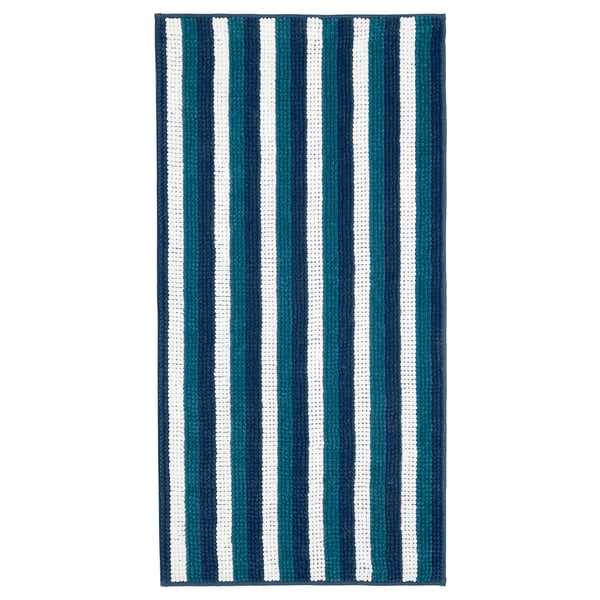 TOFTBO bath mat - blue & white stripes, rectangular, soft polyester.