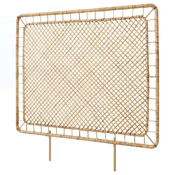 Handwoven rattan headboard with diamond pattern in natural color.