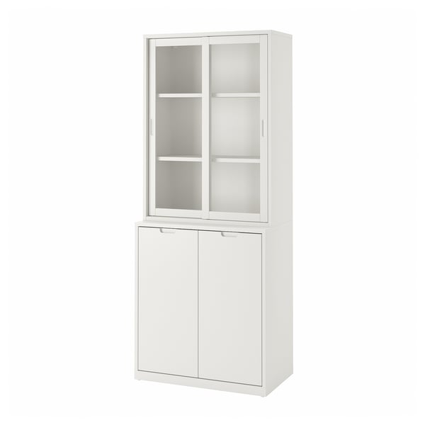 Off-white TONSTAD cabinet combo with glass top, solid wood look, adjustable shelves, soft-closing doors.