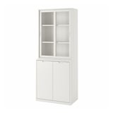 Off-white TONSTAD cabinet combo with glass top, solid wood look, adjustable shelves, soft-closing doors.