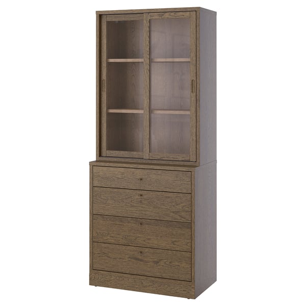 TONSTAD furniture: wooden chest & glass cabinet, light brown, classic, rectangular design.