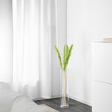 A minimalist room featuring a tall, clear vase with dried plants, positioned near a white curtain and a gray sofa, adding a touch of natural decor.