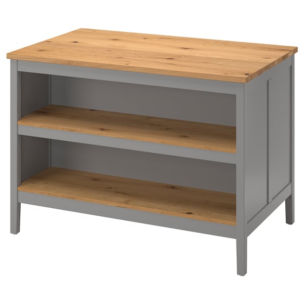TORNVIKEN kitchen island, gray & oak, rectangular, open shelves, rustic design.