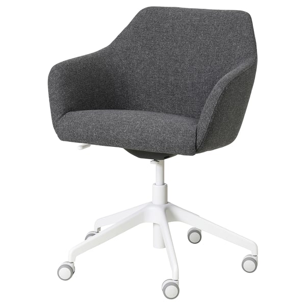 TOSSBERG gray office chair; upholstered seat & back, white base, swivel casters.