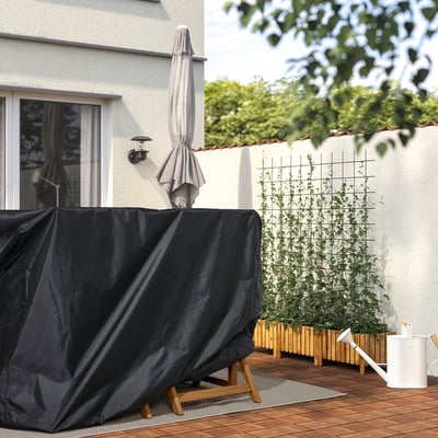 Black outdoor furniture cover, rectangular, waterproof, extends furniture life.
