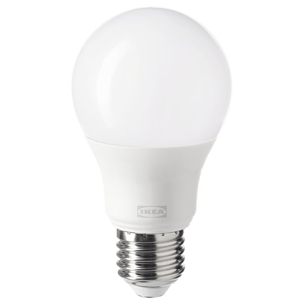 Ikea TRÅDFRI smart led bulb, white, spherical shape with metallic base, made of polycarbonate plastic.