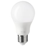 Ikea TRÅDFRI smart led bulb, white, spherical shape with metallic base, made of polycarbonate plastic.