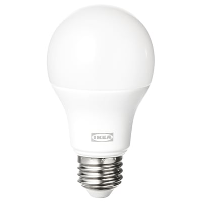 Ikea TRÅDFRI smart bulb, white, spherical with metallic base.