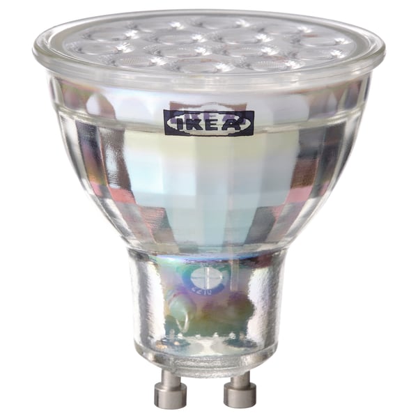 Ikea TRÅDFRI led smart light bulb, clear, round shape with metallic base.