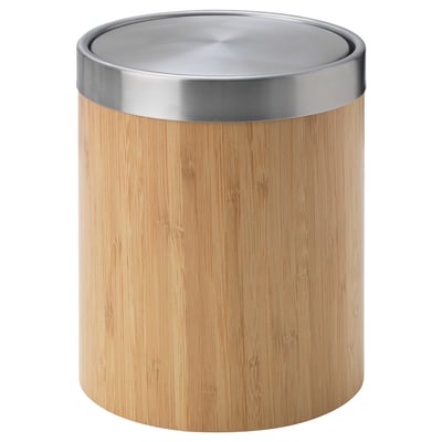 Bamboo TRÄSKET waste bin, light brown, stainless lid, cylindrical, simple design.