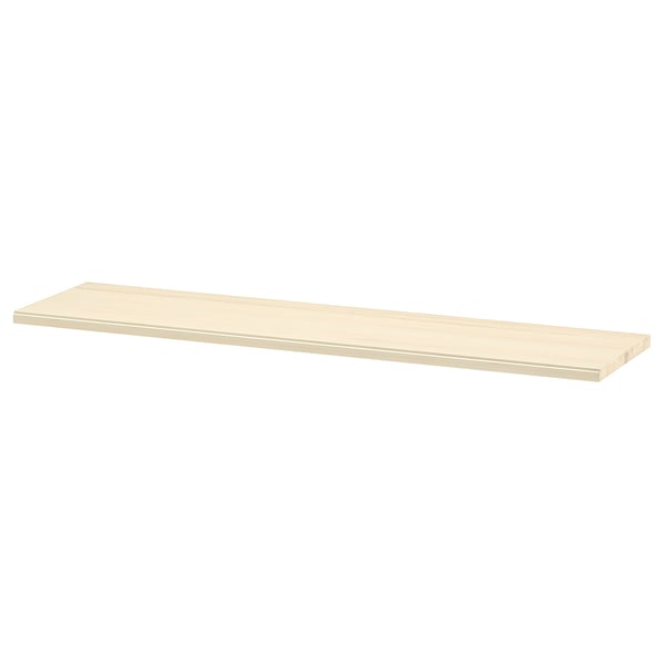 A TRANHULT wall shelf in natural wood color. Its rectangular, made of solid aspen, and has a simple design with bevelled and smooth edges.