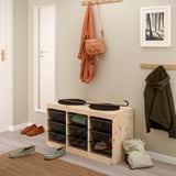 TROFAST shoe rack with boots, slippers, sneakers, mesh storage, hanging jacket, purse, scarf and photo.