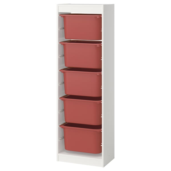 A white TROFAST storage unit with five red plastic bins, designed for childrens storage.