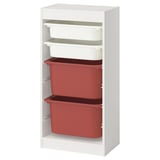 TROFAST storage unit: white frame, red and clear bins, modular design.