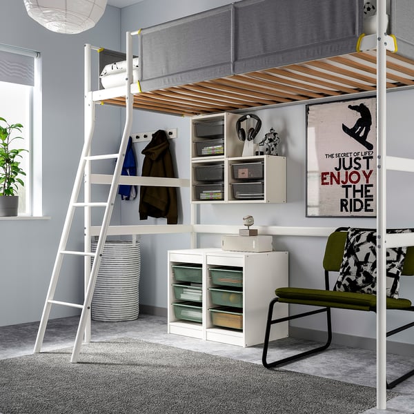 Modern kids room with TROFAST storage. White ladder to upper bunk, wall storage boxes, and mesh drawers, perfect for organizing clothes and toys.