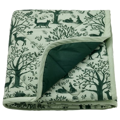 TROLLDOM kids forest-themed quilt, green, cotton, square, deer & trees design.