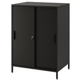 Black trotton cabinet with sliding doors, metal and steel, rectangular shape, suitable for room division.