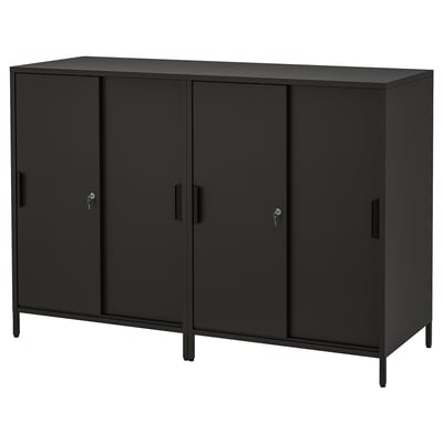 The TROTTEN black metal storage cabinet with sliding doors, ideal for dividing rooms or storing items securely.