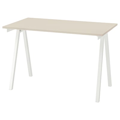Trotton desk: beige tabletop, white metal legs, a-frame design. Perfect for home or office use.