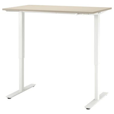 TROTTEN adjustable standing desk in beige with white legs and crank height adjuster.