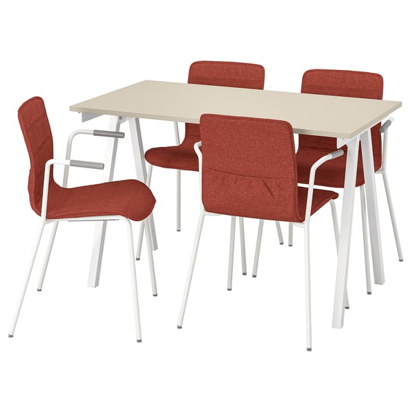 Modern light table, four red chairs. Minimalist design, white metal legs.