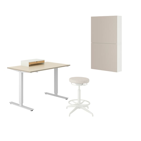 Ergonomic home office setup: trotten sit/stand desk, lidkullen stool, and monitor stand with drawer.
