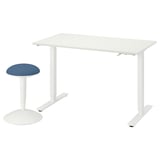 A TROTTEN white desk and blue stool set. The modern desk has adjustable legs, and the round stool is padded with a blue cover.