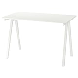 An ikea TROTTEN white desk with angled legs made of metal and engineered wood.