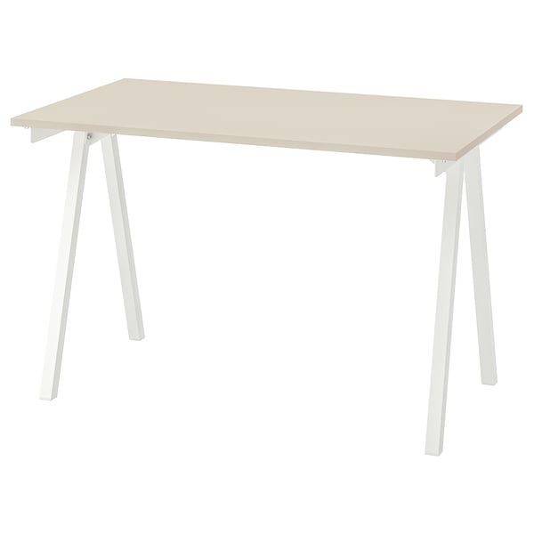 A minimalist TROTTEN desk in light beige with four white, angled metal legs. Its rectangular with clean lines and simple design.