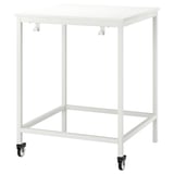 TROTTEN white metal table, rectangular, four wheels, minimalist design, perfect for small spaces.
