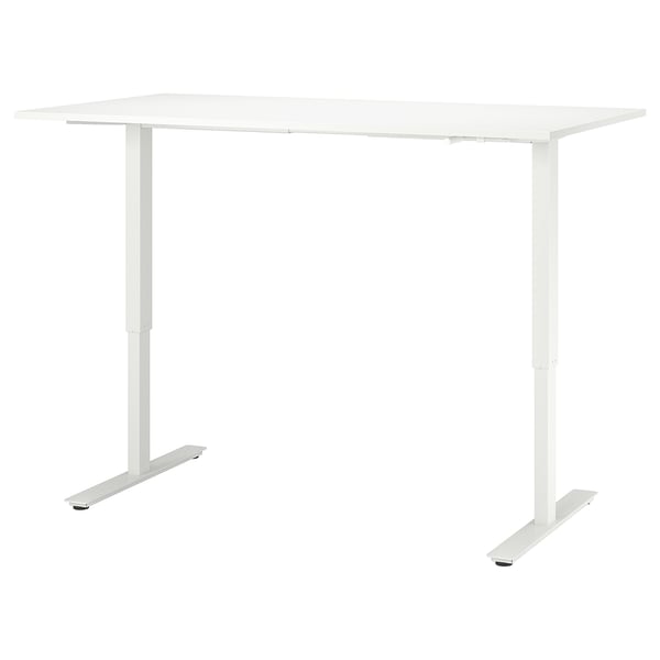 A white TROTTENtable with adjustable legs, designed for versatility and durability with a 10-year guarantee.