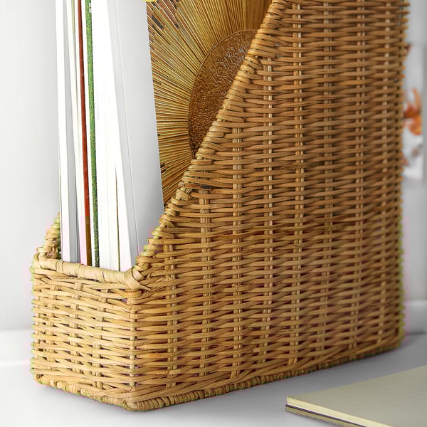 Wicker magazine holder, TRUMMIS, natural color, handmade, square shape, on desk, containing files.