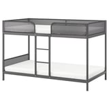 TUFFING gray bunk bed: metal frame, mesh sides, white mattresses, central ladder.