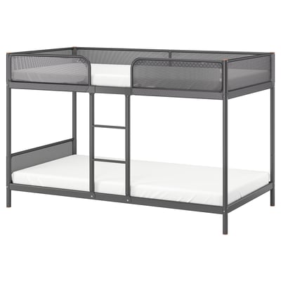 TUFFING gray bunk bed: metal frame, mesh sides, white mattresses, central ladder.