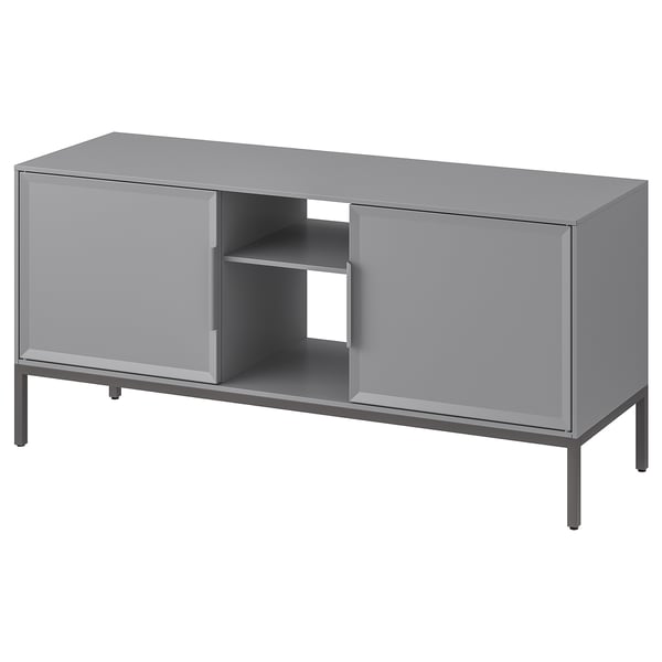 A grey TULLSTORP tv stand with metal legs and bevelled doors, combining open and closed storage for organized cable management.