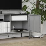 Modern tv stand with bevelled doors, open storage, and cable management. It holds electronics, books, and offers adjustable shelves.