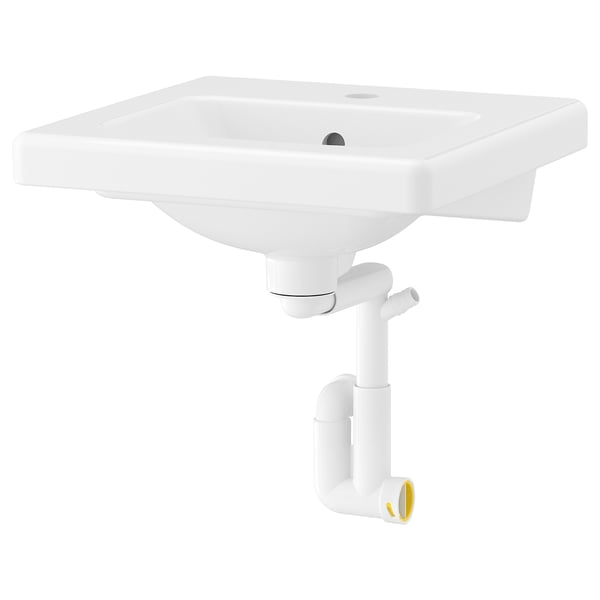 A white TVÄLLEN washbasin with a square shape and smooth edges, made of ceramics. It includes a water trap and comes with a 10-year guarantee.