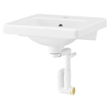A white TVÄLLEN washbasin with a square shape and smooth edges, made of ceramics. It includes a water trap and comes with a 10-year guarantee.