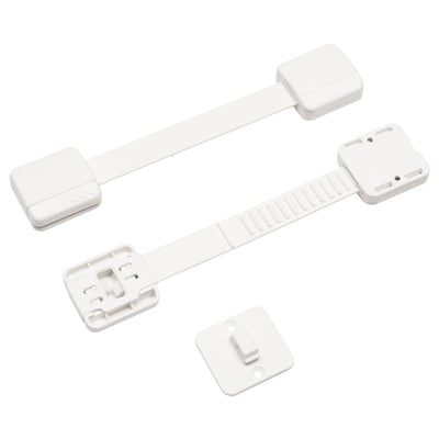 UNDVIKA white child safety latches, straight band design with four rectangular clips.
