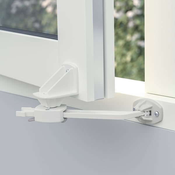 White window catch, secure, two-handed, child-safe, adjustable. Alternative: safe window catch, two-hands, adjustable.
