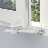 White window catch, secure, two-handed, child-safe, adjustable. Alternative: safe window catch, two-hands, adjustable.