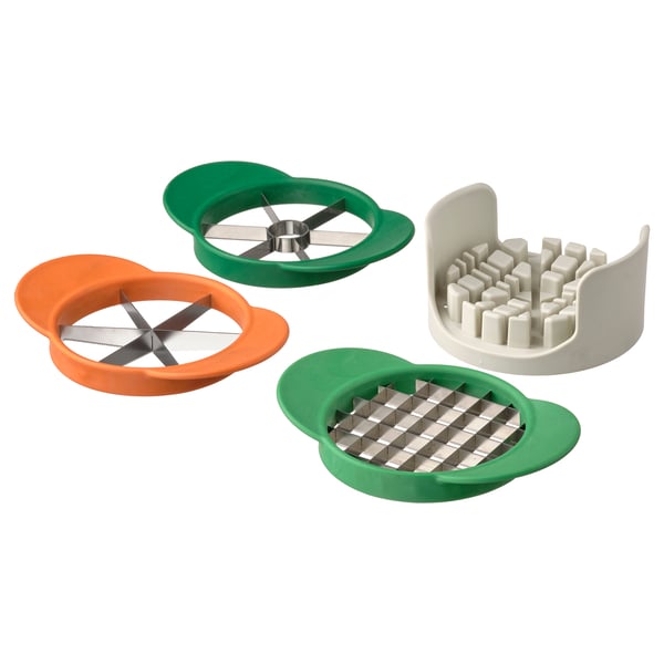 Four-colored fruit cutters: orange, green, white. Slicing, wedges, stripes. Colored steel blades, plastic bases.