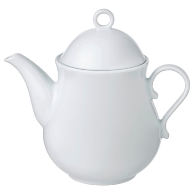 White UPPLAGA teapot; simple, rustic design; round shape; porcelain with glaze.