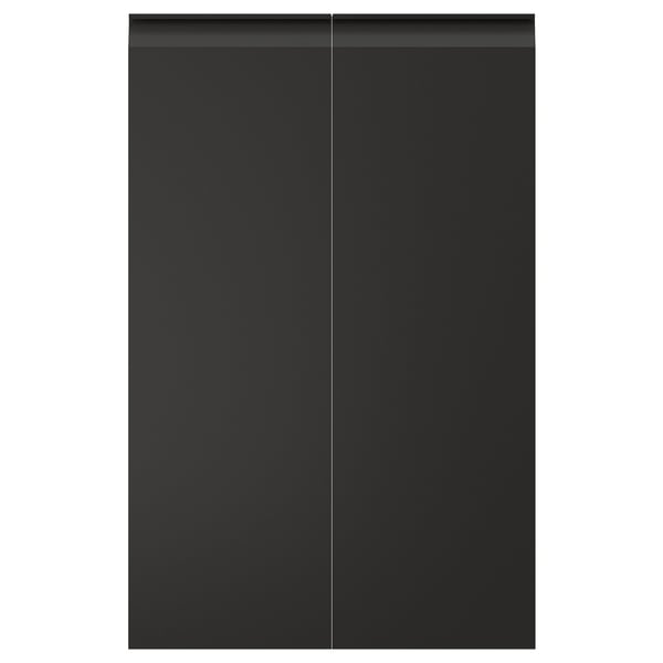 UPPLÖV: sleek, modern black kitchen cabinets with vertical dimensions and edge details.