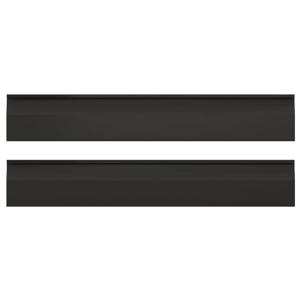 Two sleek, black rectangular kitchen cabinet fronts with chamfered edges and integrated handles.