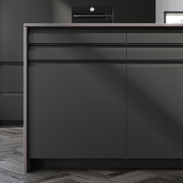 Modern black kitchen cabinets, sleek with integrated handles.