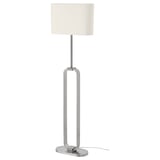 UPPVIND silver lamp with white shade, modern tuning fork shape, sturdy base.